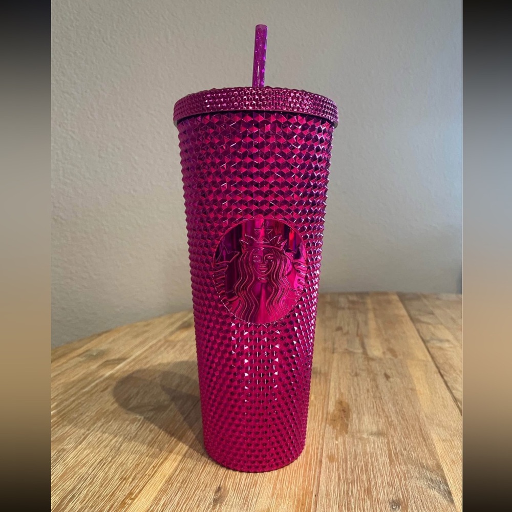 NWT 2022 Starbucks Diamond Studded Chrome Sangria Pink 24oz Tumbler Cold Cup New